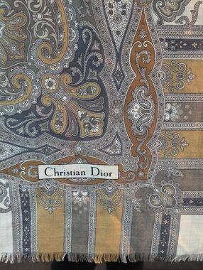 Vintage Christian Dior Paisley Scarf in Mustard, Gray & Cream Tones